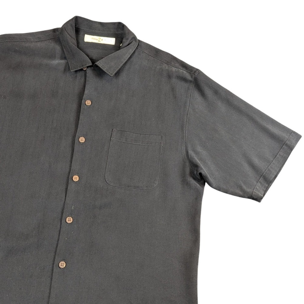 Tommy Bahama Mens Black Herringbone Hula Girl Embroidered Camp Shirt Large FLAW